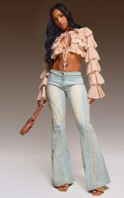 Light Nude Chiffon Ruffle Tie Detail Crop Top