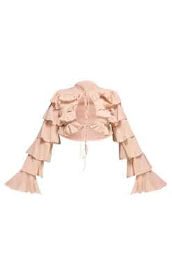 Light Nude Chiffon Ruffle Tie Detail Crop Top