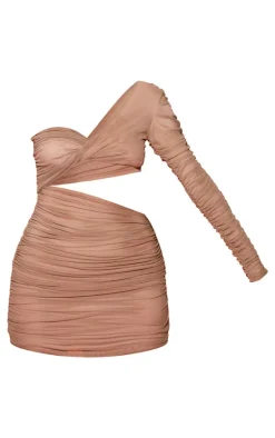 Light Nude Double Layer Mesh Twist Ruched Detail Bodycon Dress