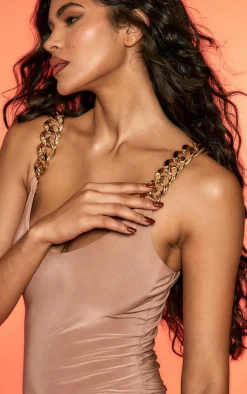 Light Nude Double Layer Slinky Chunky Chain Detail Midaxi Dress