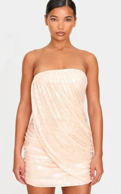 Light Nude Sequin Draped Bandeau Bodycon Dress