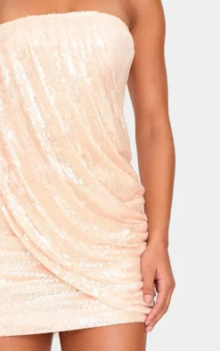 Light Nude Sequin Draped Bandeau Bodycon Dress
