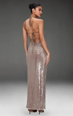 Light Nude Sequin High Neck Plunge Maxi Dress