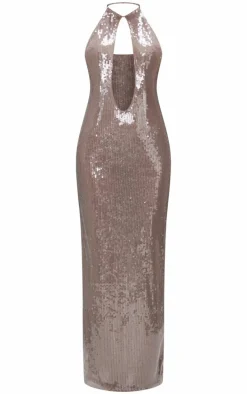 Light Nude Sequin High Neck Plunge Maxi Dress