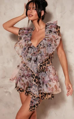 Light Pink Floral Chiffon Frill Micro Mini Dress