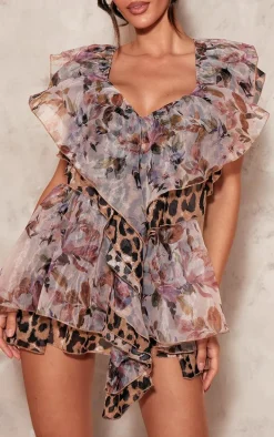 Light Pink Floral Chiffon Frill Micro Mini Dress