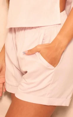 Light Pink Linen Look High Waisted Turn Up Hem Shorts