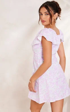 Lilac Abstract Floral Print Frill Sleeve Tie Shift Dress