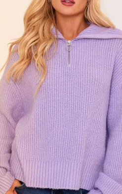 Lilac Brushed Knit Zip Up Oversized Sweater