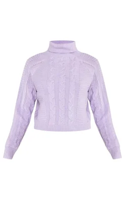 Lilac Cable Roll Neck Knitted Sweater & Cable Knit Skirt Set