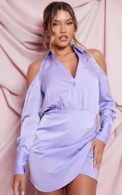 Lilac Cold Shoulder Satin Wrap Shirt Dress