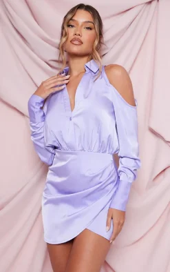 Lilac Cold Shoulder Satin Wrap Shirt Dress