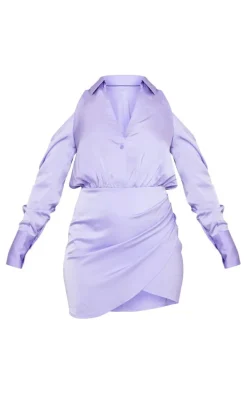 Lilac Cold Shoulder Satin Wrap Shirt Dress