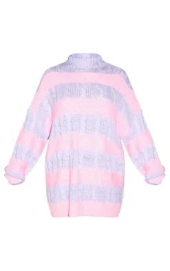 Lilac Contrast Cable Knit Stripe Oversized Sweater