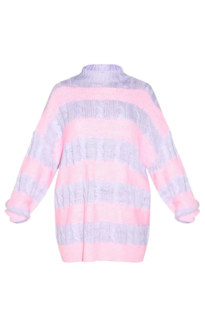 Lilac Contrast Cable Knit Stripe Oversized Sweater