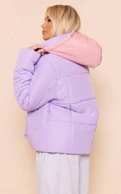 Lilac Contrast Hood Puffer Jacket