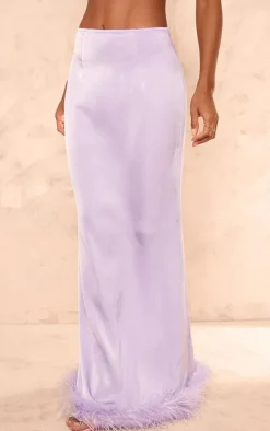 Lilac Feather Trim Satin Maxi Skirt