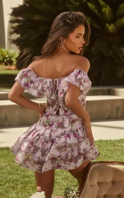 Lilac Floral Bardot Frill Bodycon Dress