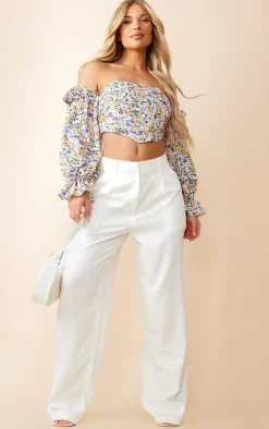 Lilac Floral Boned Bardot Crop Top