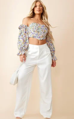 Lilac Floral Boned Bardot Crop Top