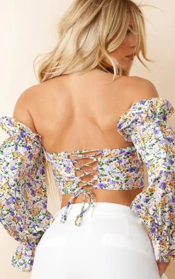 Lilac Floral Boned Bardot Crop Top