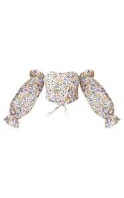 Lilac Floral Boned Bardot Crop Top