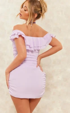 Lilac Flower Applique Bardot Bodycon Dress