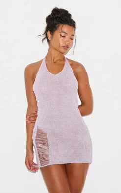 Lilac Glitter Knit Distressed Ladder Halterneck Mini Dress