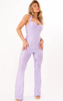 Lilac Plisse Lace Cup Underwired Halter Tie Jumpsuit