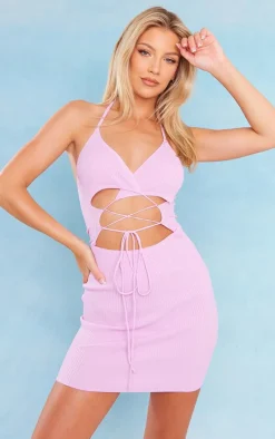 Lilac Rib Knit Lace Front Mini Dress