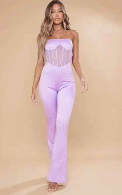 Lilac Satin Cross Halter Mesh Corset Flared Jumpsuit