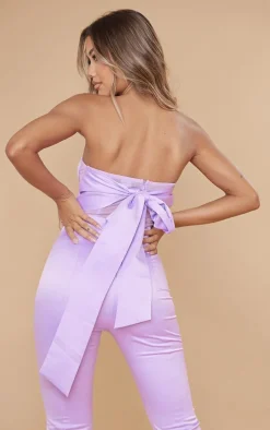 Lilac Satin Cross Halter Mesh Corset Flared Jumpsuit