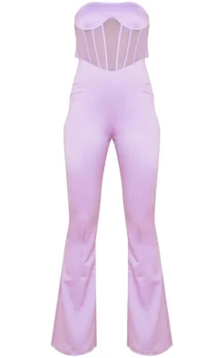 Lilac Satin Cross Halter Mesh Corset Flared Jumpsuit
