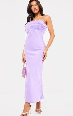 Lilac Satin Feather Bust Detail Maxi Dress