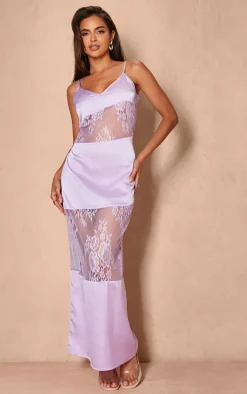 Lilac Satin Lace Insert Maxi Dress