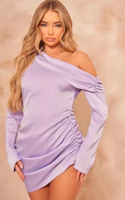 Lilac Satin One Shoulder Drape Bodycon Dress