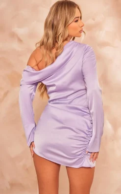 Lilac Satin One Shoulder Drape Bodycon Dress