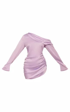 Lilac Satin One Shoulder Drape Bodycon Dress