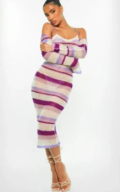 Lilac Stripe Open Knit Maxi Dress & Sleeves