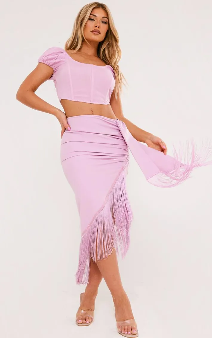 Lilac Tassel Hem Midi Skirt