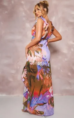 Lilac Tropical Frill Trim Plunge Maxi Dress