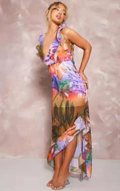 Lilac Tropical Frill Trim Plunge Maxi Dress