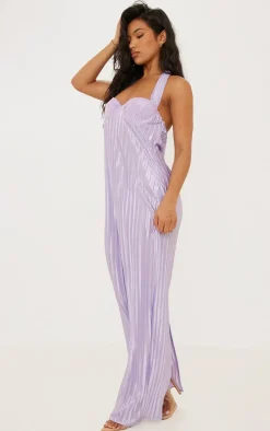 Lilac Wide Plisse Lace Cup Maxi Dress