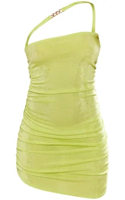 Lime Acetate Slinky One Shoulder Trim Detail Bodycon Dress