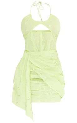 Lime Broderie Corset Detail Wrap Bodycon Dress