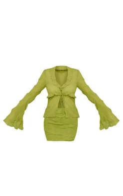 Lime Crinkle Chiffon Tie Detail Flare Sleeve Bodycon Dress