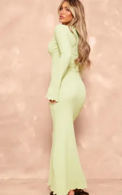 Lime Crinkle Textured Lettuce Hem Long Sleeve Maxi Dress