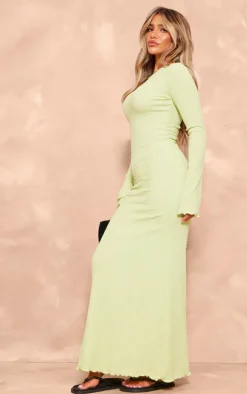 Lime Crinkle Textured Lettuce Hem Long Sleeve Maxi Dress