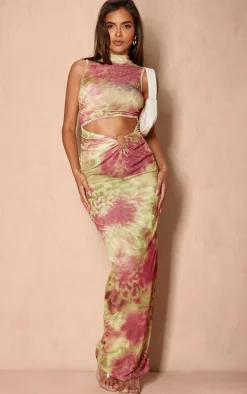 Lime Floral Leopard Mesh High Neck Sleeveless Maxi Dress