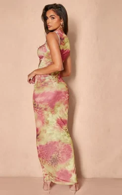 Lime Floral Leopard Mesh High Neck Sleeveless Maxi Dress